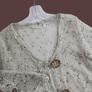 Hailey Lyn Womens Sz Medium Open Weave 3/4 Sleeve Big Buttons Coverup Bolero Tan